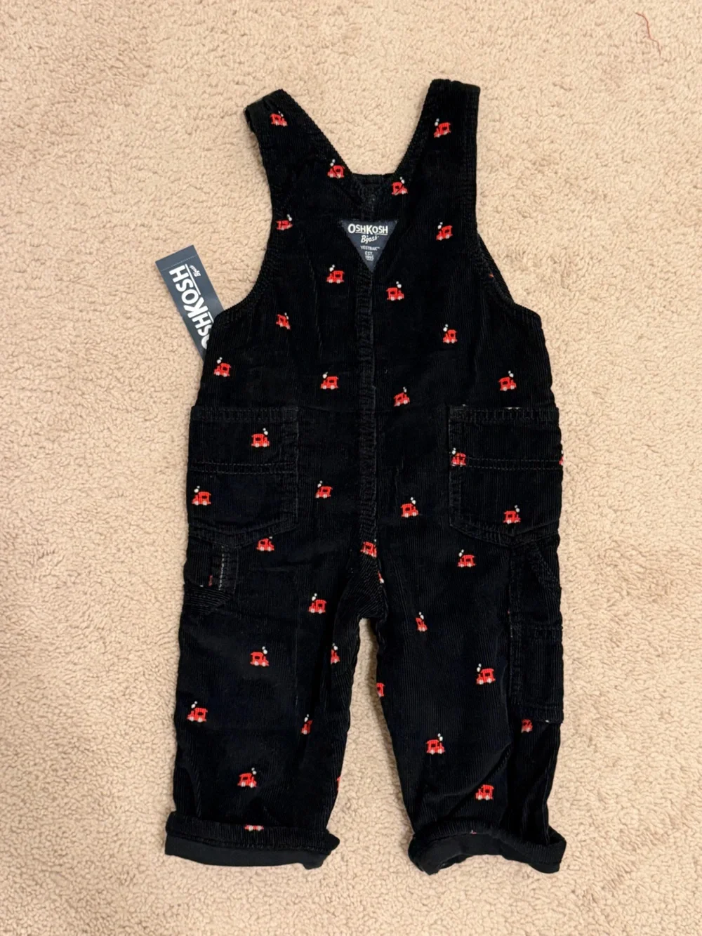 NWT - 12M - OshKosh B'gosh Black Corduroy Overalls with Red Train Motif